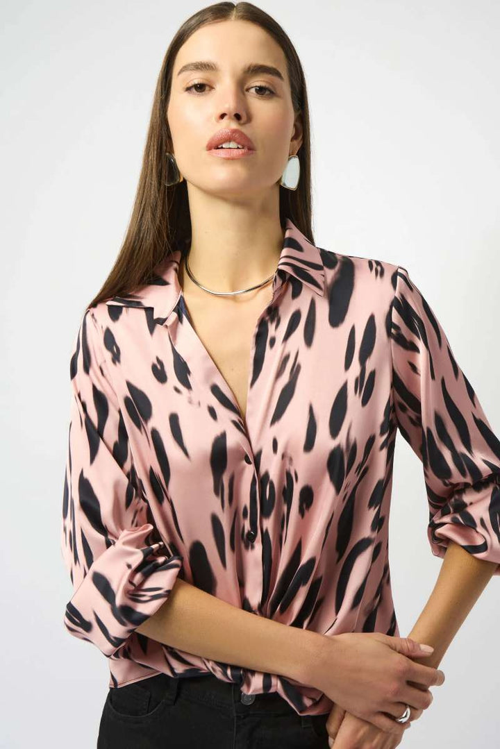 Recycled Satin Animal Print Draped Top in Pink Black 253059 by Joseph Ribkoff