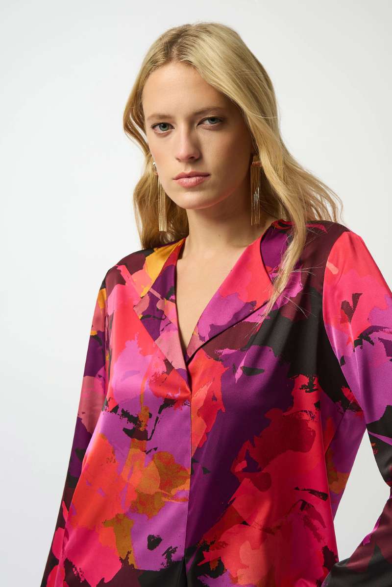 Recycled Satin Floral Print Straight Top in Black Multi 253075 by Joseph Ribkoff