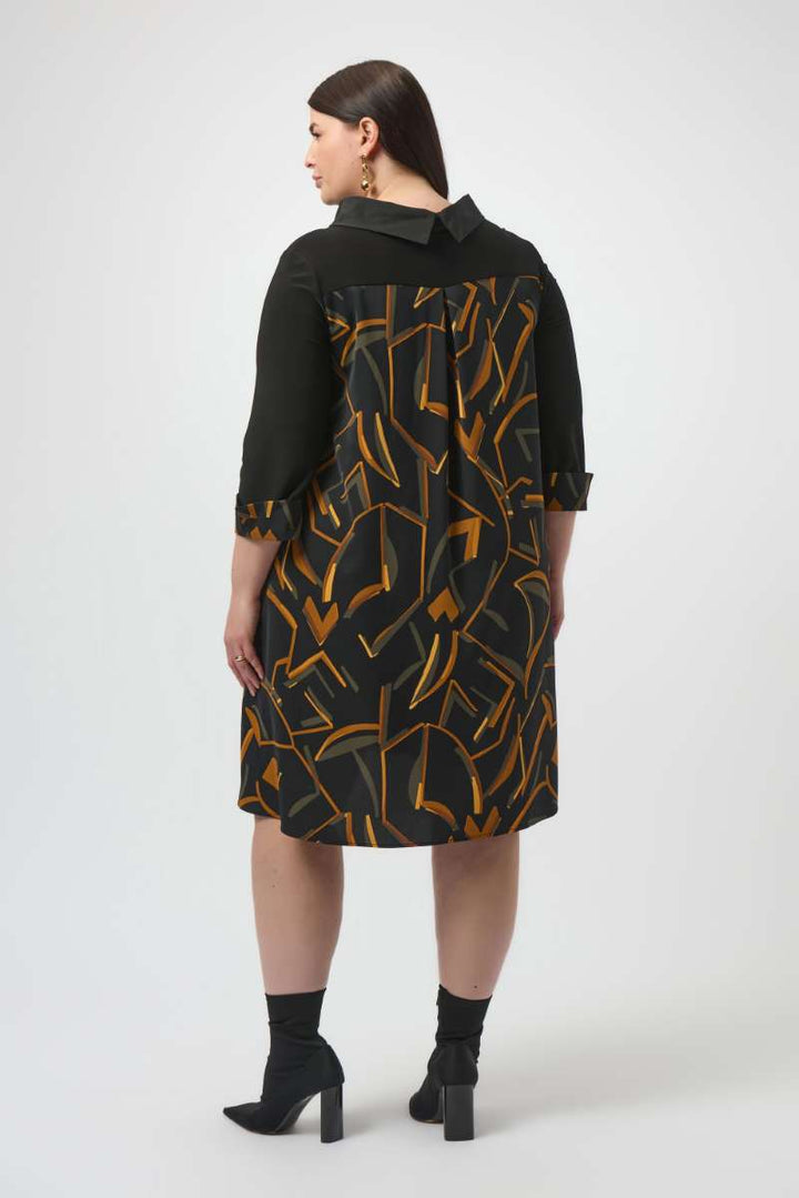 Recycled Woven Abstract Print And Silky Knit Dress in Black Multi 253186 by Joseph Ribkoff