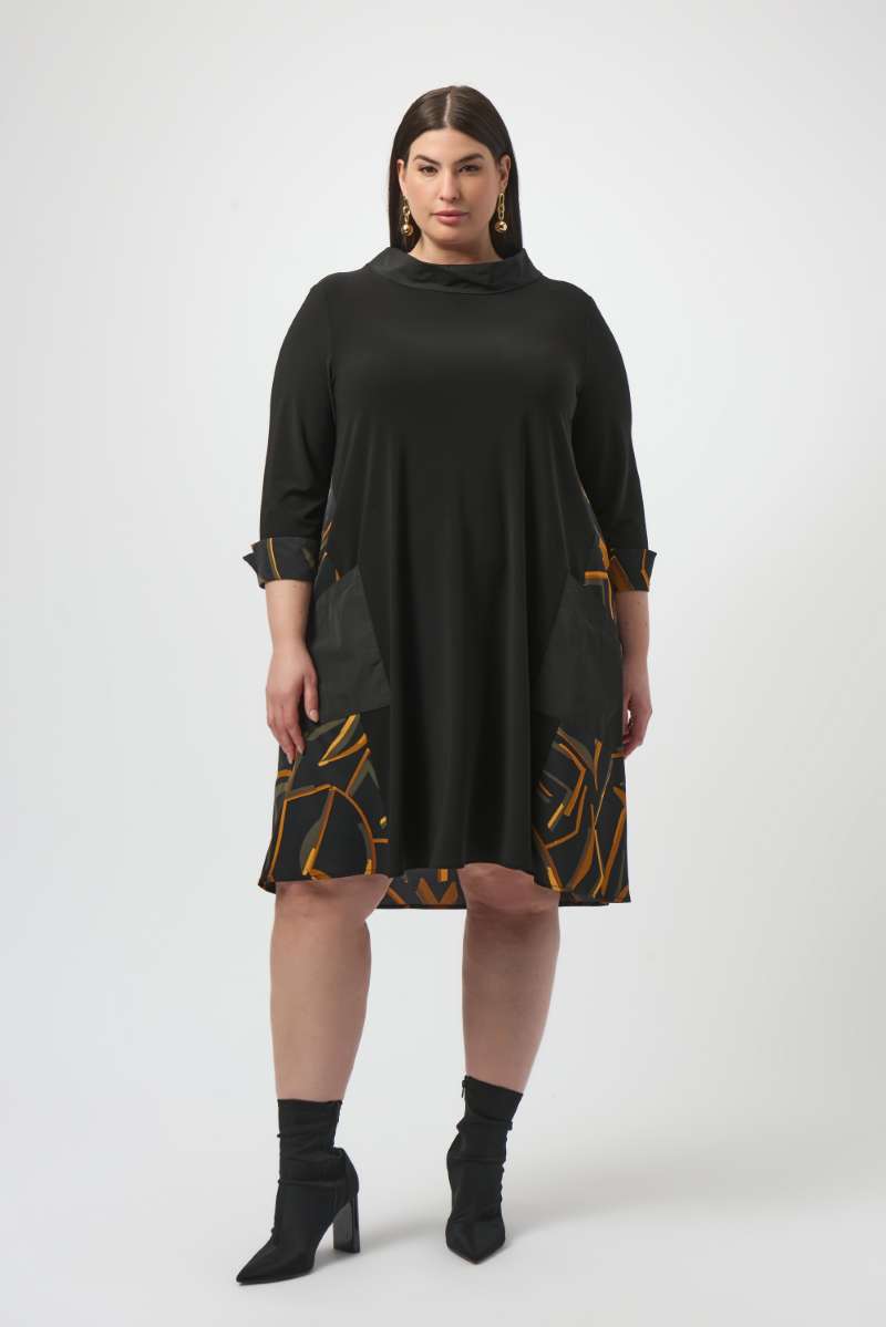 Recycled Woven Abstract Print And Silky Knit Dress in Black Multi 253186 by Joseph Ribkoff