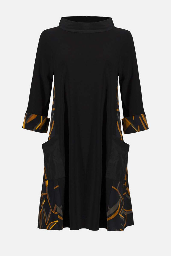 Recycled Woven Abstract Print And Silky Knit Dress in Black Multi 253186 by Joseph Ribkoff
