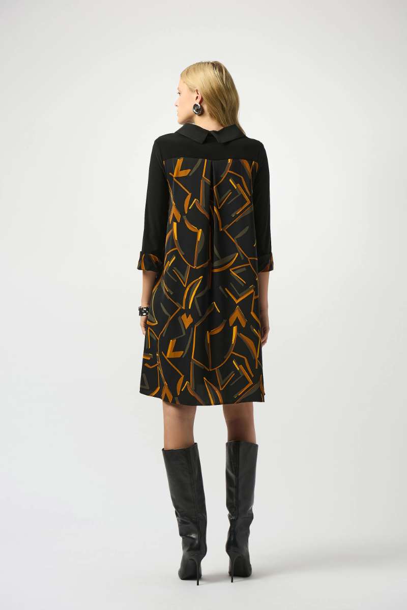 Recycled Woven Abstract Print And Silky Knit Dress in Black Multi 253186 by Joseph Ribkoff