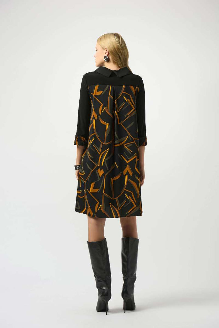 Recycled Woven Abstract Print And Silky Knit Dress in Black Multi 253186 by Joseph Ribkoff