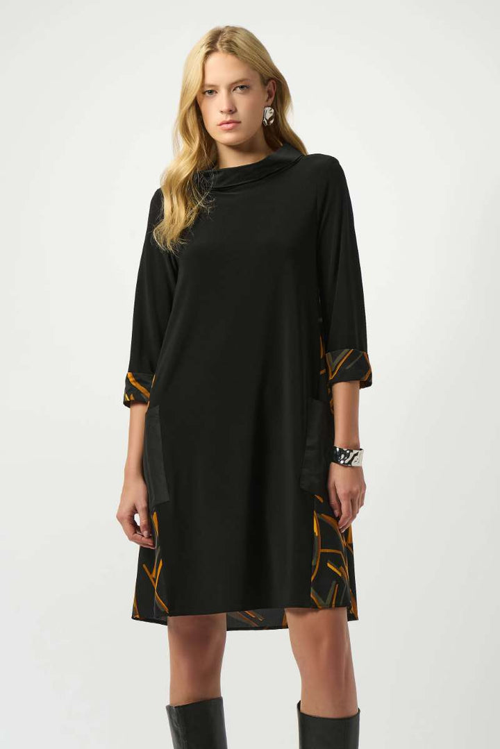 Recycled Woven Abstract Print And Silky Knit Dress in Black Multi 253186 by Joseph Ribkoff