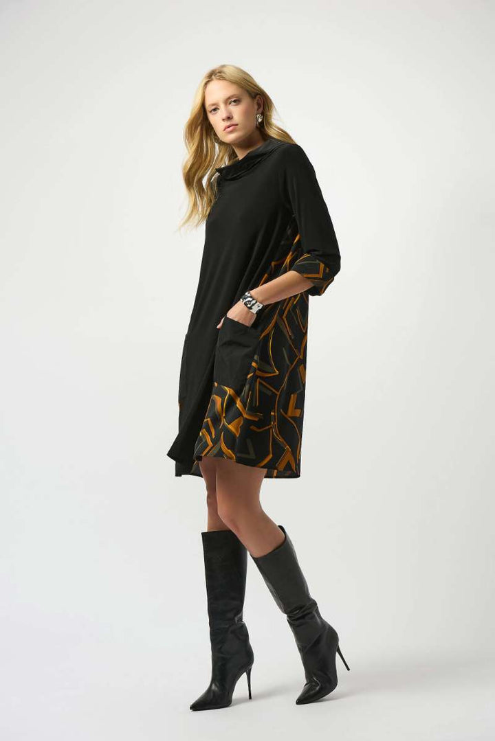 Recycled Woven Abstract Print And Silky Knit Dress in Black Multi 253186 by Joseph Ribkoff