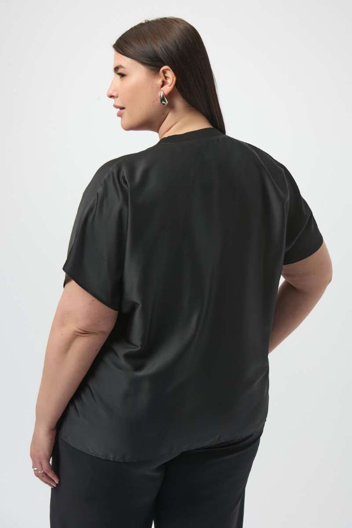 Satin Abstract Print Boxy Top with Rib Trim in Black Multi 253922 by Joseph Ribkoff