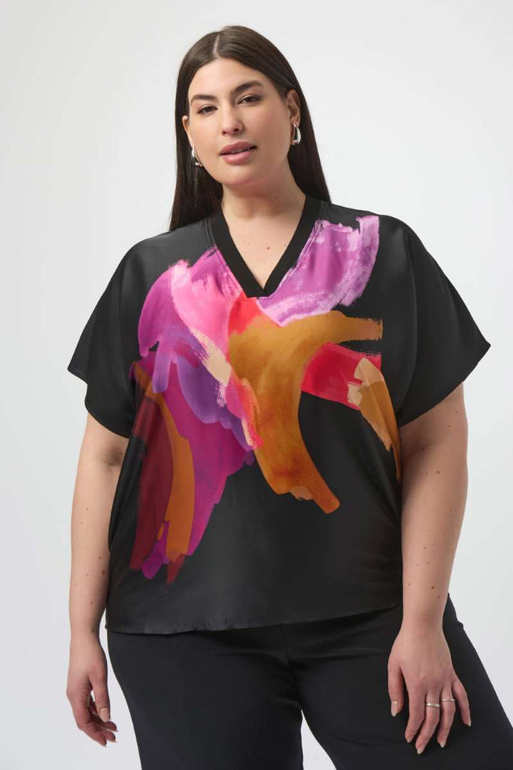 Satin Abstract Print Boxy Top with Rib Trim in Black Multi 253922 by Joseph Ribkoff