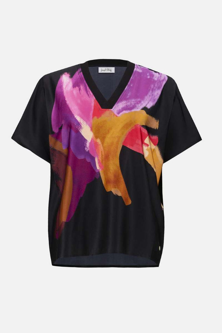 Satin Abstract Print Boxy Top with Rib Trim in Black Multi 253922 by Joseph Ribkoff