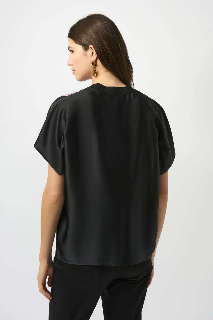 Satin Abstract Print Boxy Top with Rib Trim in Black Multi 253922 by Joseph Ribkoff