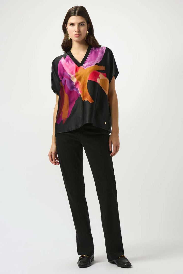 Satin Abstract Print Boxy Top with Rib Trim in Black Multi 253922 by Joseph Ribkoff