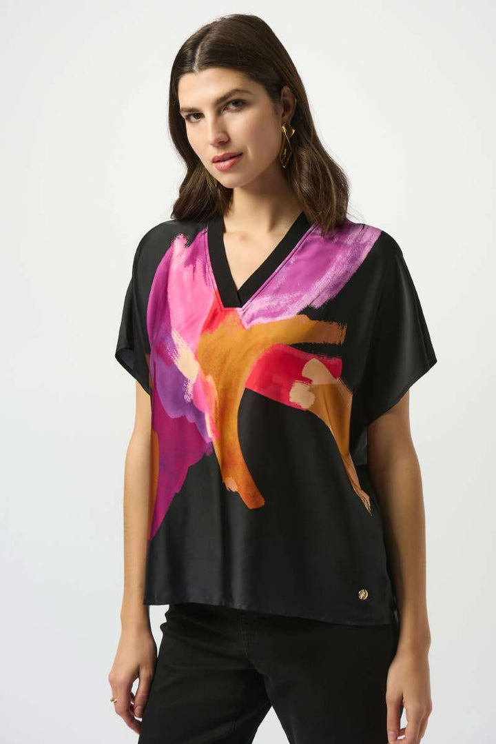 Satin Abstract Print Boxy Top with Rib Trim in Black Multi 253922 by Joseph Ribkoff