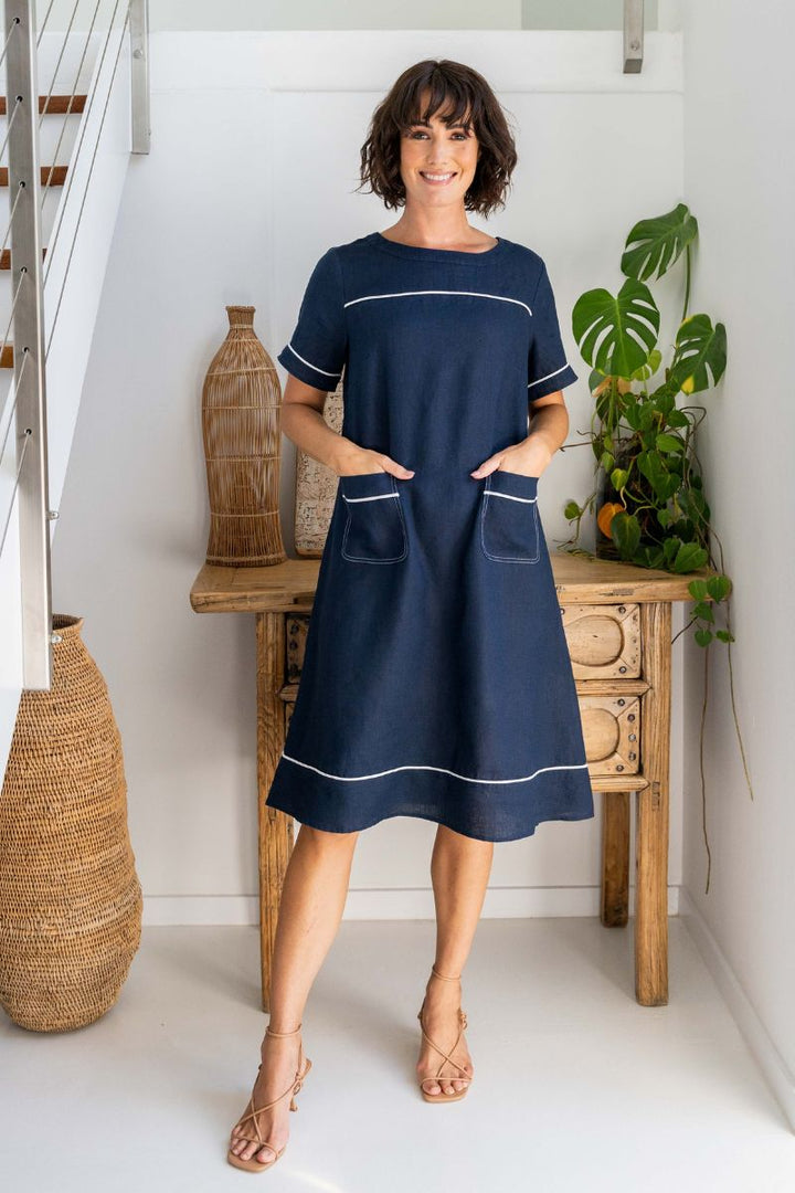 Linen Trim Stitch detail dress  by See Saw in Navy / 10