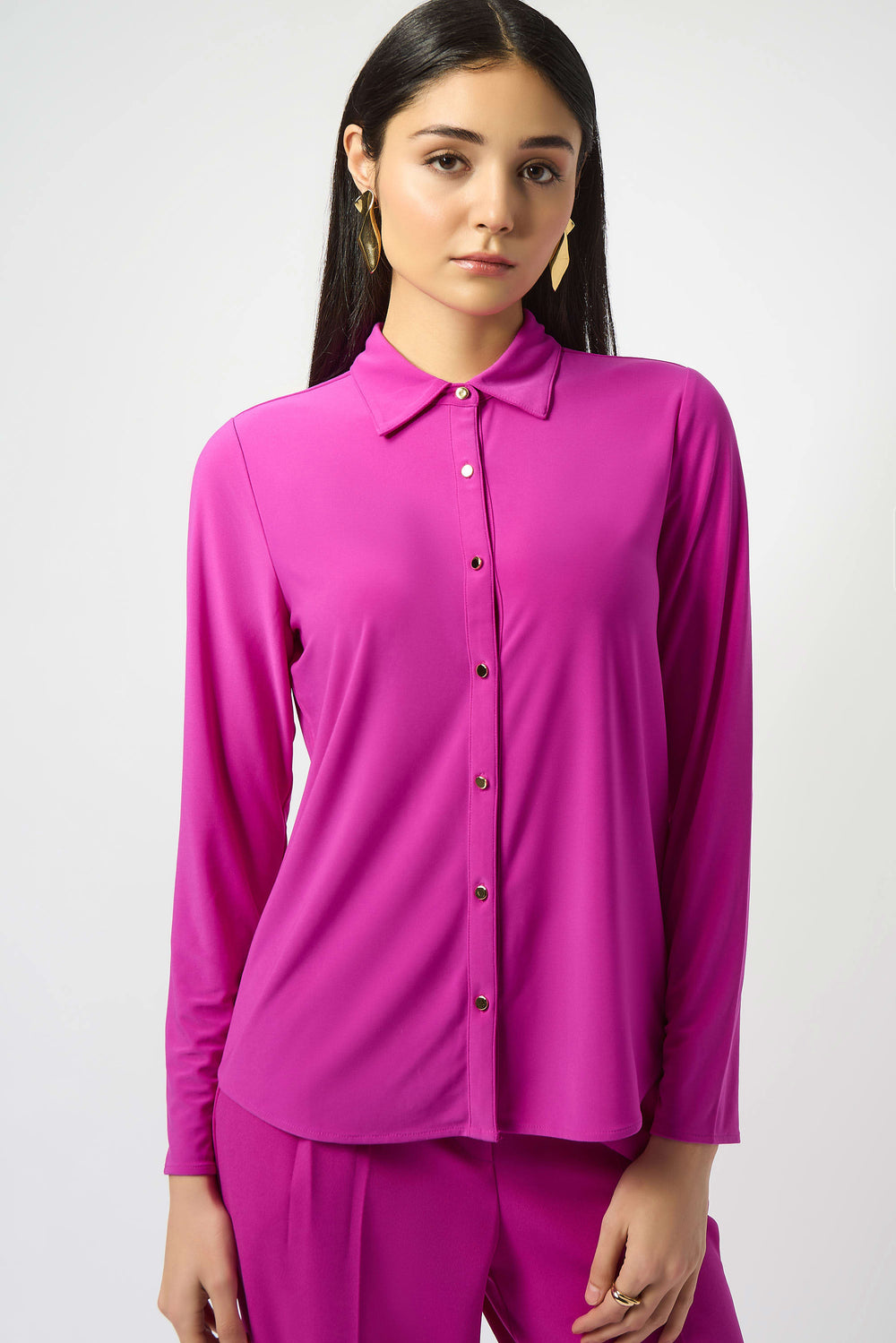 Woman wearing Silky Knit Button-Front Straight Blouse 253941 by Joseph Ribkoff in Cosmos (Fuscia)