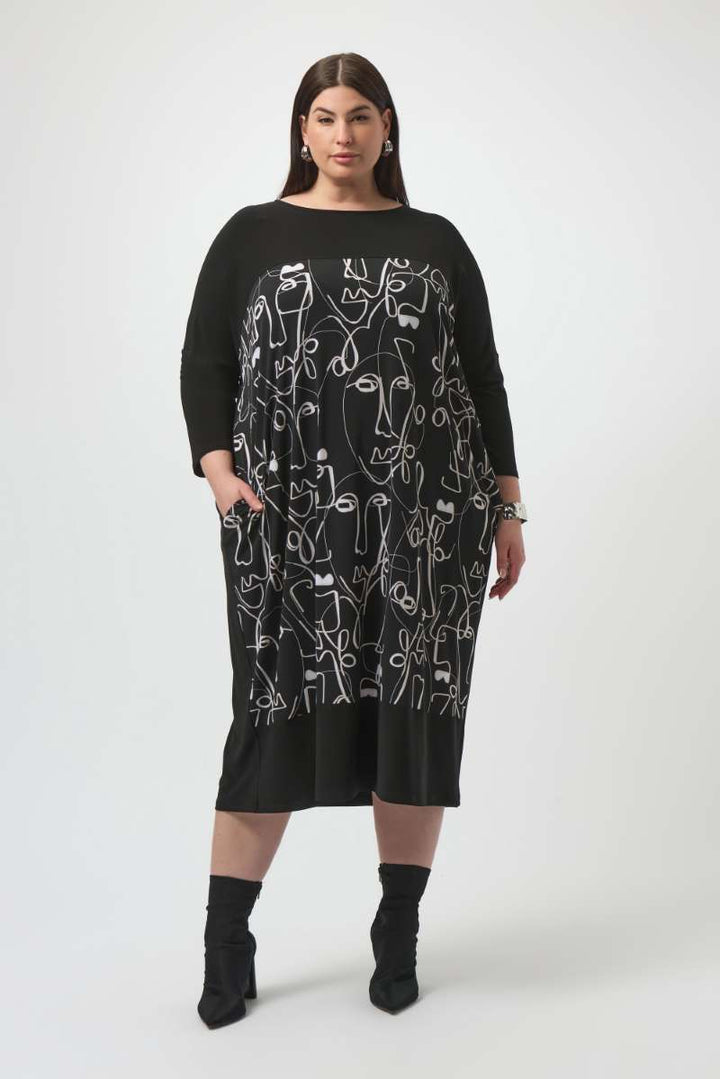 Joseph Ribkoff Silky Knit Face Print Cocoon Dress 253130 in 6 / Black Moonstone
