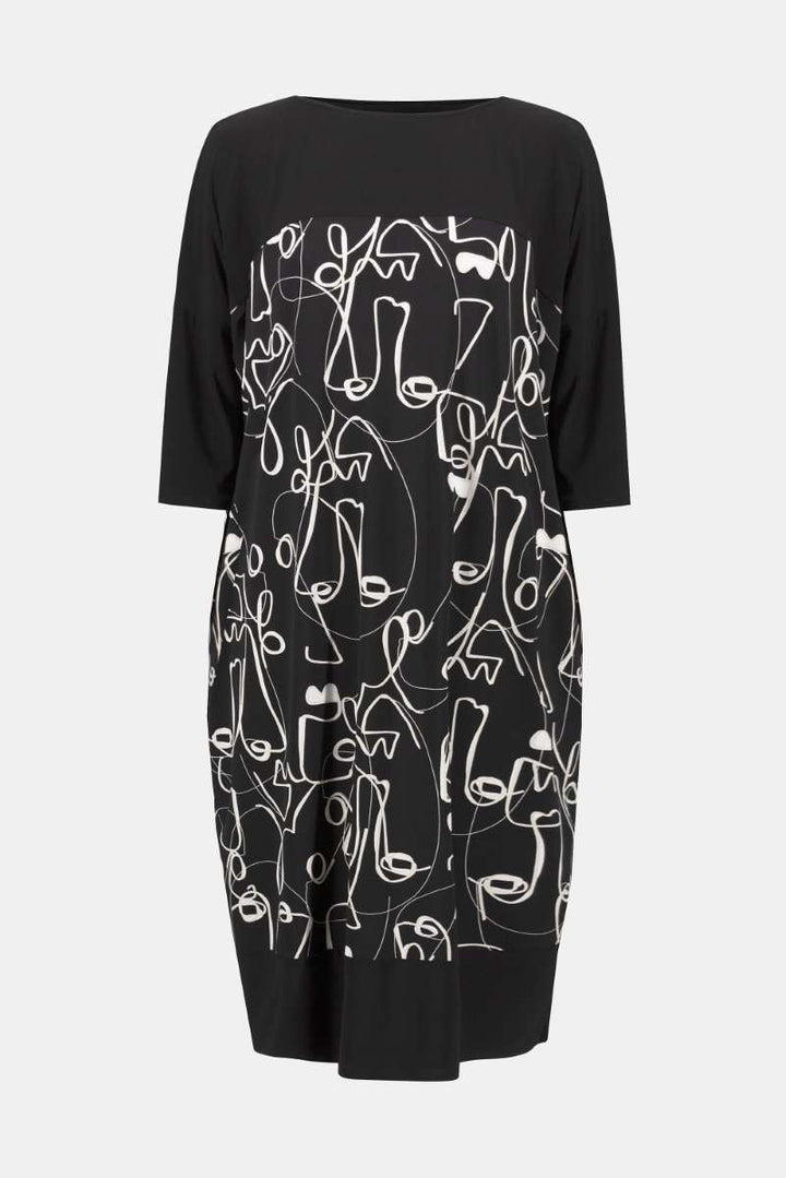 Joseph Ribkoff Silky Knit Face Print Cocoon Dress 253130 in 6 / Black Moonstone