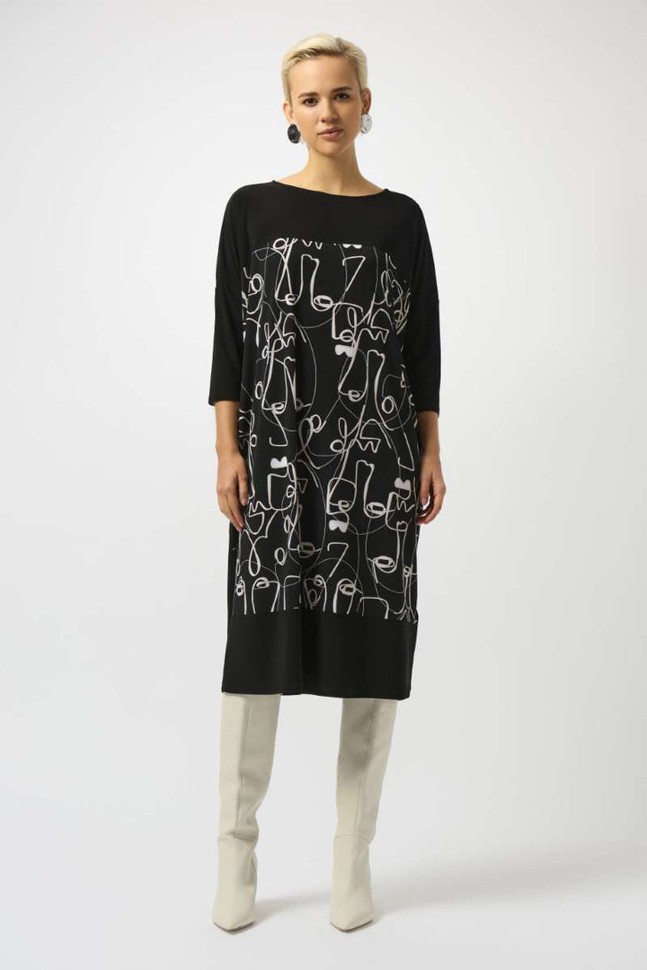 Joseph Ribkoff Silky Knit Face Print Cocoon Dress 253130 in 6 / Black Moonstone
