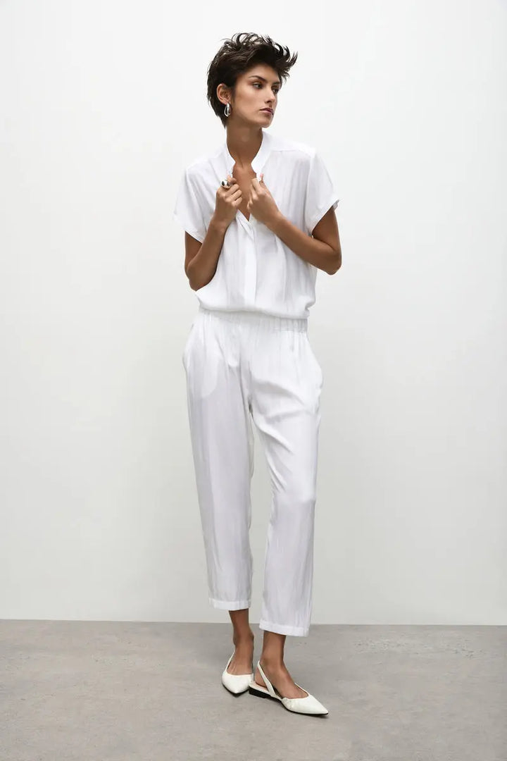 Woman wearing Soft Capri in White by Mela Purdie F67 1615, full length front view 02.