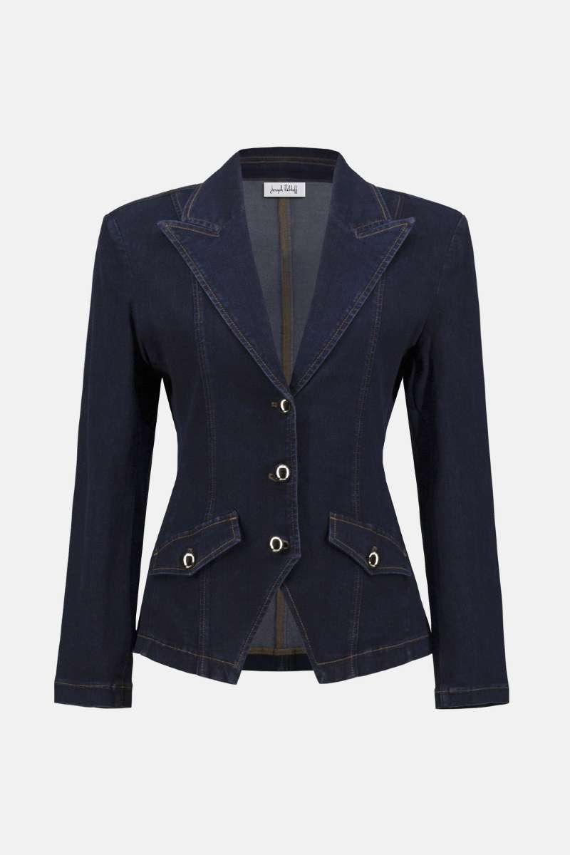 Stretch Denim Fitted Blazer with Gold Buttons in Indigo 253982 by Joseph Ribkoff