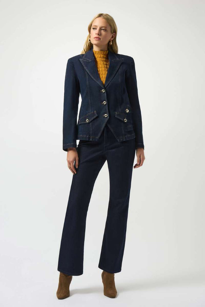 Stretch Denim Fitted Blazer with Gold Buttons in Indigo 253982 by Joseph Ribkoff