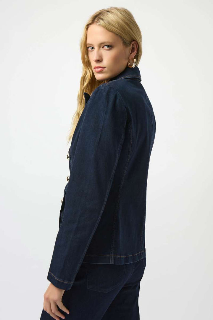 Stretch Denim Fitted Blazer with Gold Buttons in Indigo 253982 by Joseph Ribkoff