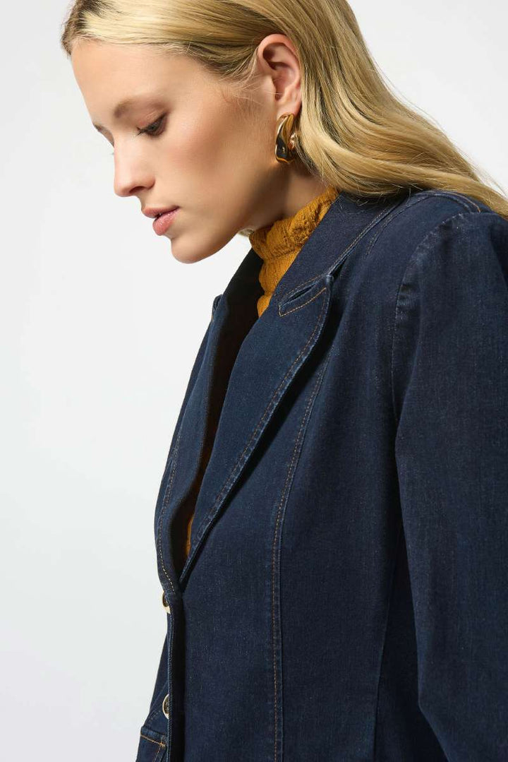 Stretch Denim Fitted Blazer with Gold Buttons in Indigo 253982 by Joseph Ribkoff
