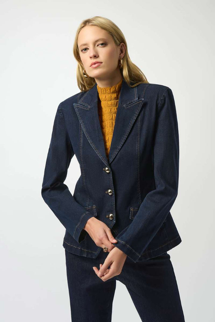 Stretch Denim Fitted Blazer with Gold Buttons in Indigo 253982 by Joseph Ribkoff