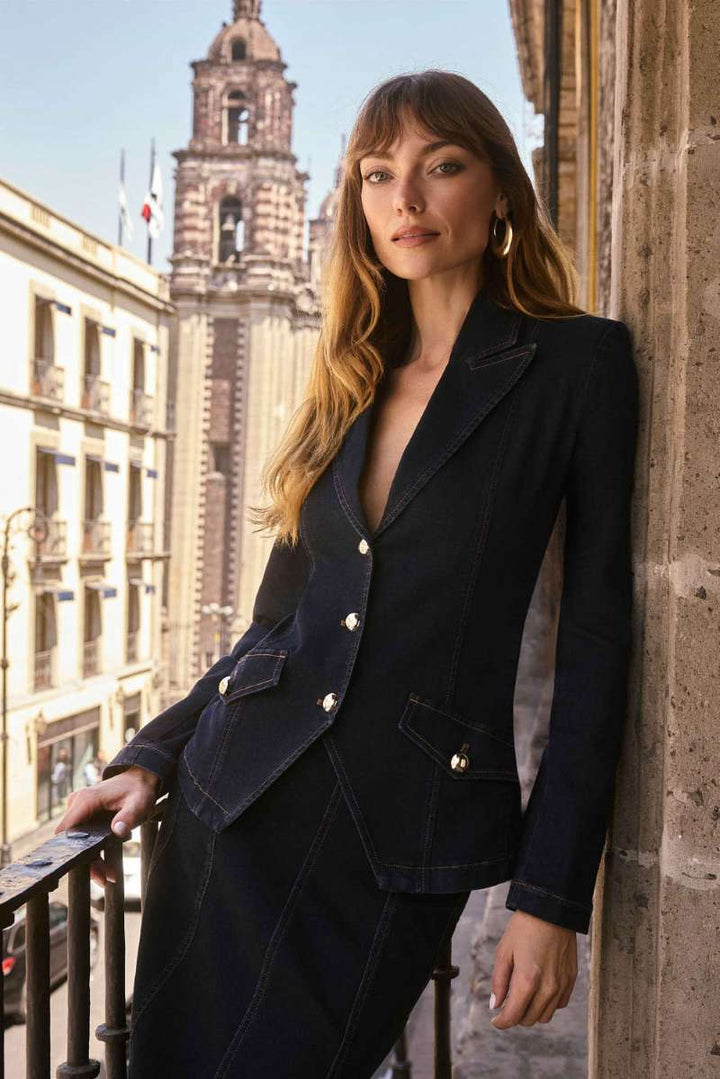 Stretch Denim Fitted Blazer with Gold Buttons in Indigo 253982 by Joseph Ribkoff