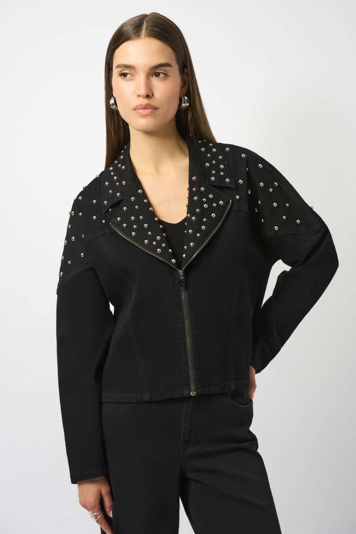 Joseph Ribkoff Stretch Denim Jacket with Stud Detailing 253947 in XS / Black