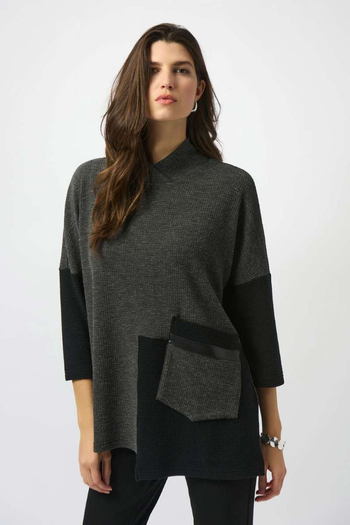 Textured Knit Color Block Boxy Top in Grey Black 253083 by Joseph Ribkoff