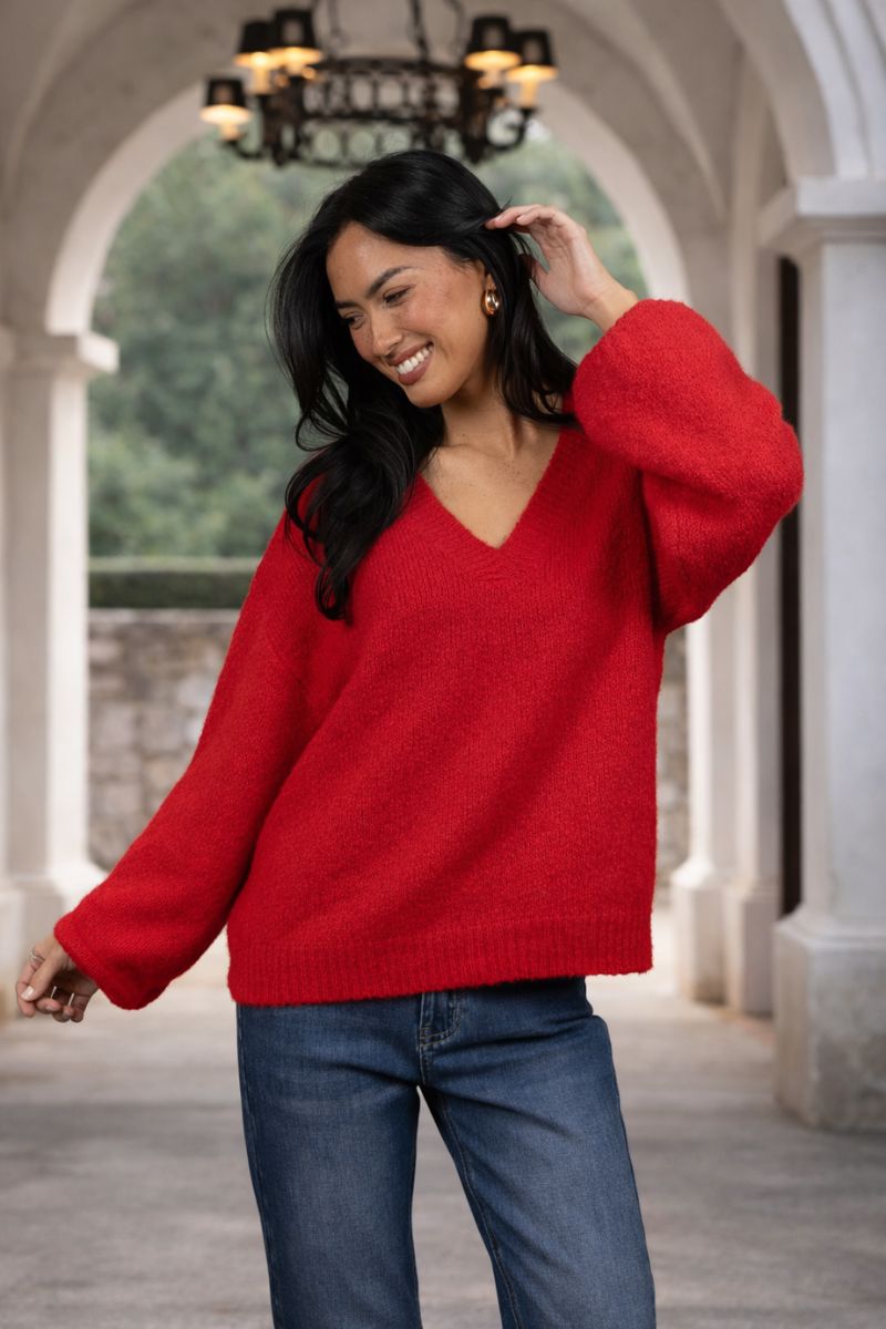 Nouveau V Neck Jumper in Scarlet by Humidity Lifestyle