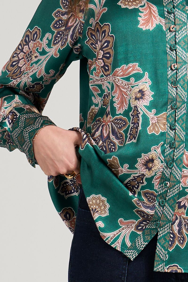 Woman wearing Versailles Shirt in Evergreen Multi by Loobie’s Story LS3237 print detail