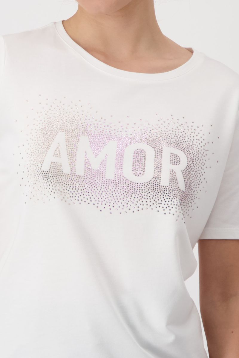 Woman wearing Monari 409116MNR Amor rhinestone T-shirt lettering detail in white