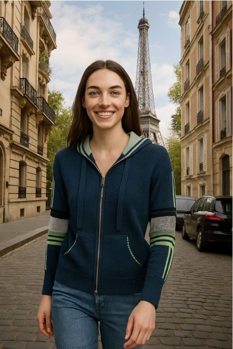 women walking in paris wearing the Zaket and Plover Zp7143 Multi Media hoodie in denim