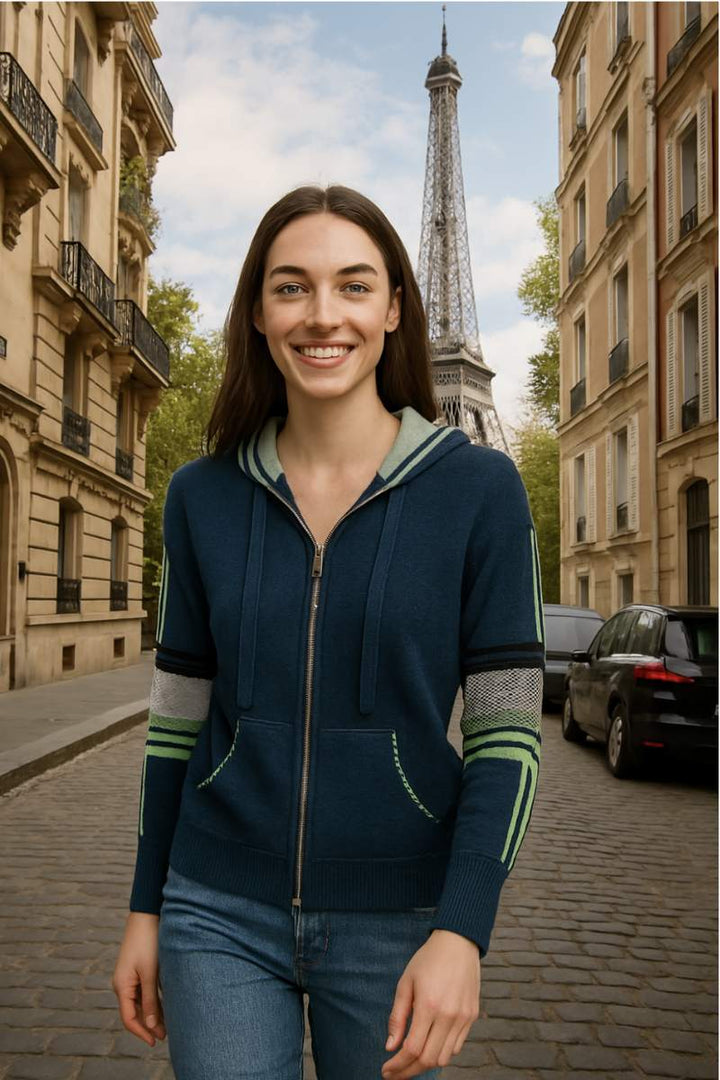 women walking in paris wearing the Zaket and Plover Zp7143 Multi Media hoodie in denim