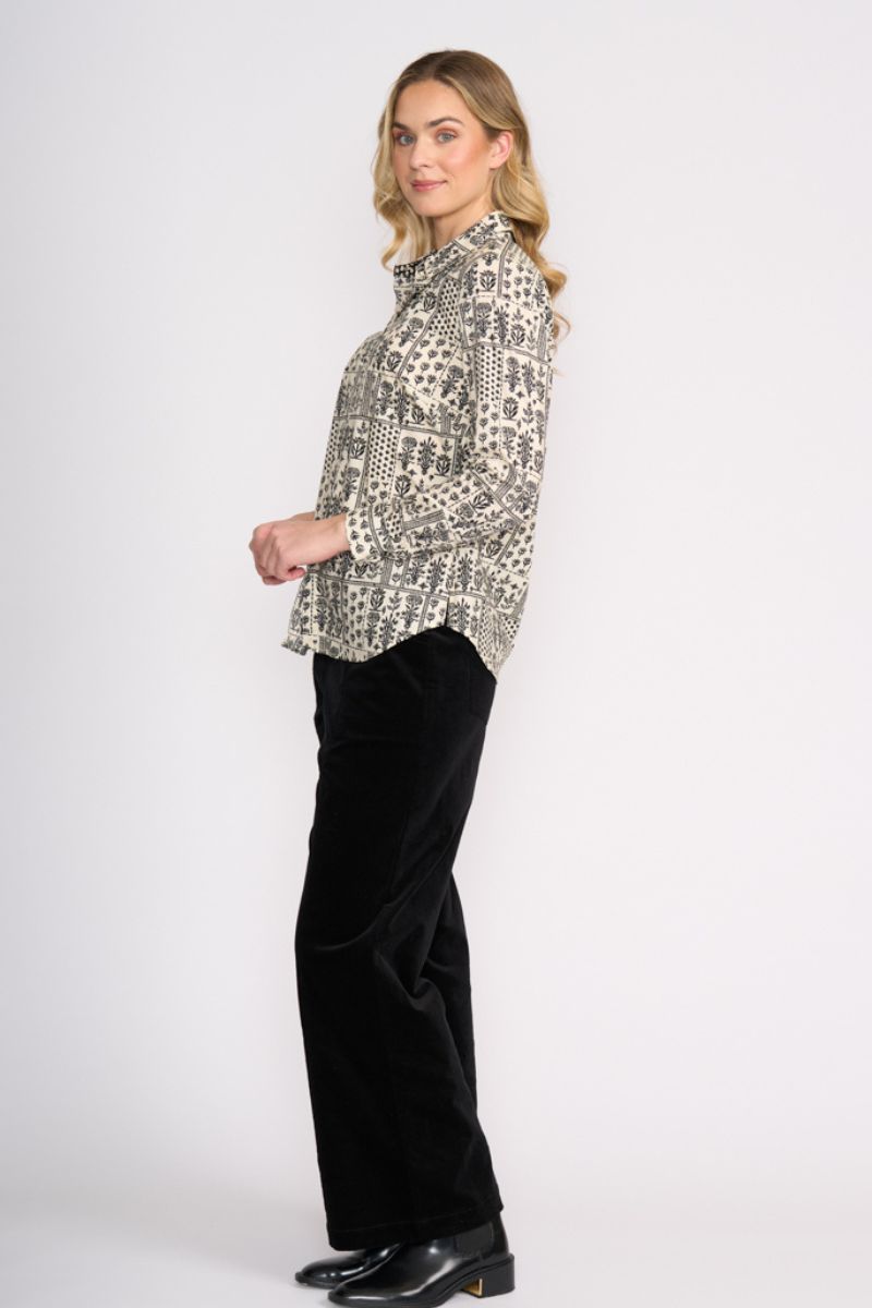 Woman wearing Woodblock All Class Shirt by FOIL FO7043 side view