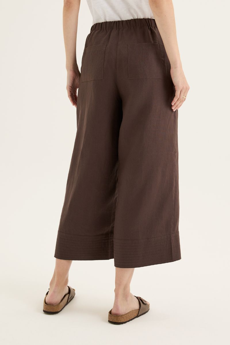 back view of Brown wide-leg pants worn by a person on a white background
