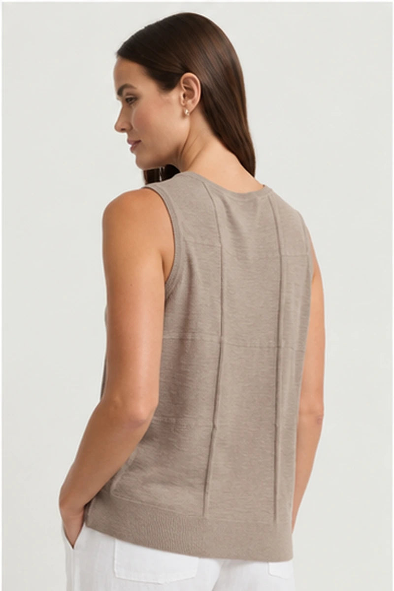Yarra Trail Obscurity Knit YTWN7788 in Earth natural, back view showing sleeveless shape, raised knit seams and ribbed hem.