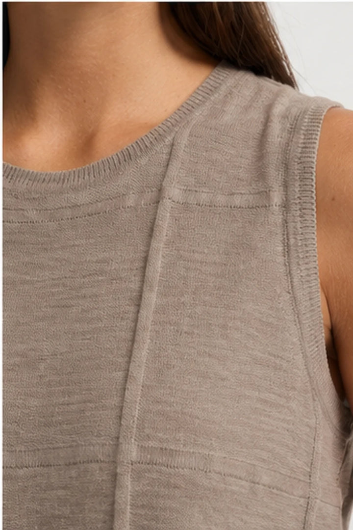 Close-up of Yarra Trail Obscurity Knit YTWN7788 in Earth natural, showing round neckline, rib trim and raised knit seam detailing.