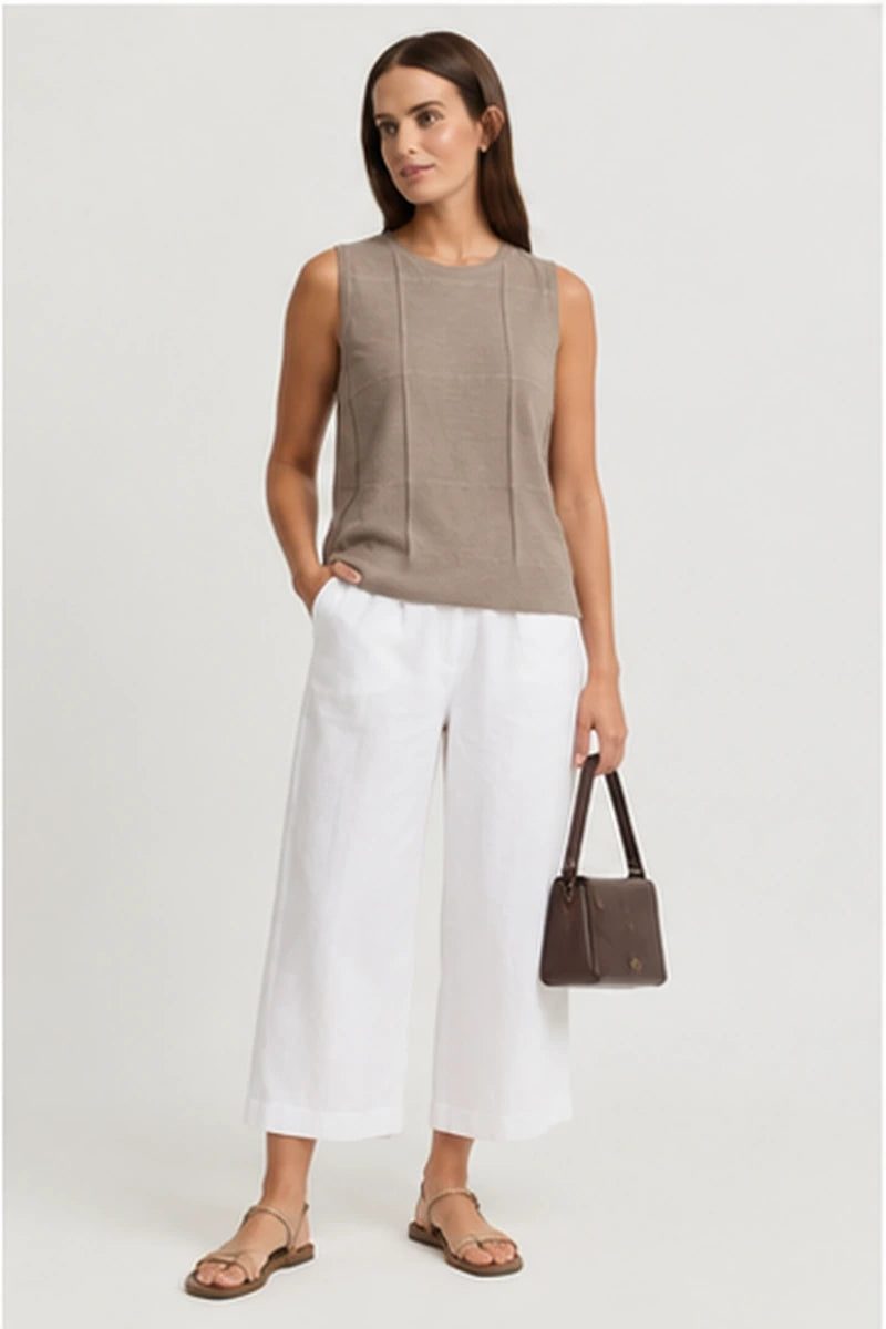 Yarra Trail Obscurity Knit YTWN7788 in Earth natural, styled with white wide leg pants and flat sandals.