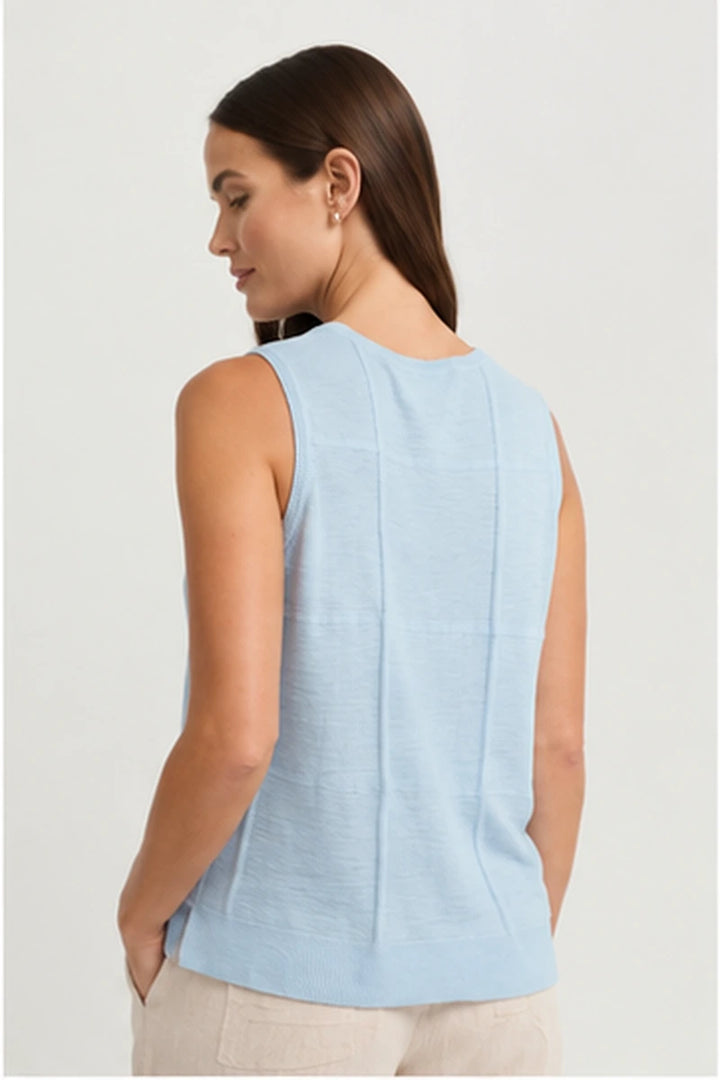 Yarra Trail Obscurity Knit YTWN7788 in Mist blue, back view showing sleeveless shape, raised knit seams and ribbed hem.