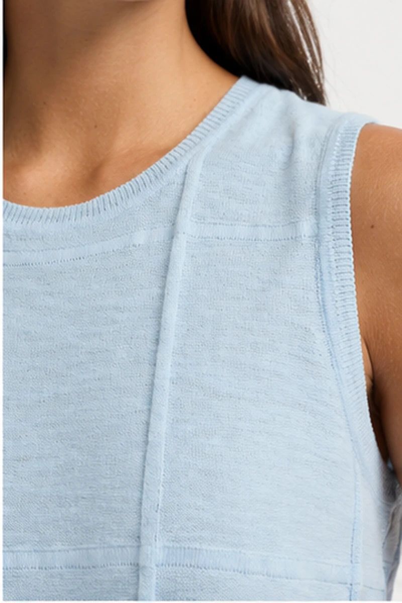 Close-up of Yarra Trail Obscurity Knit YTWN7788 in Mist blue, showing round neckline, rib trim and raised knit seam detailing.