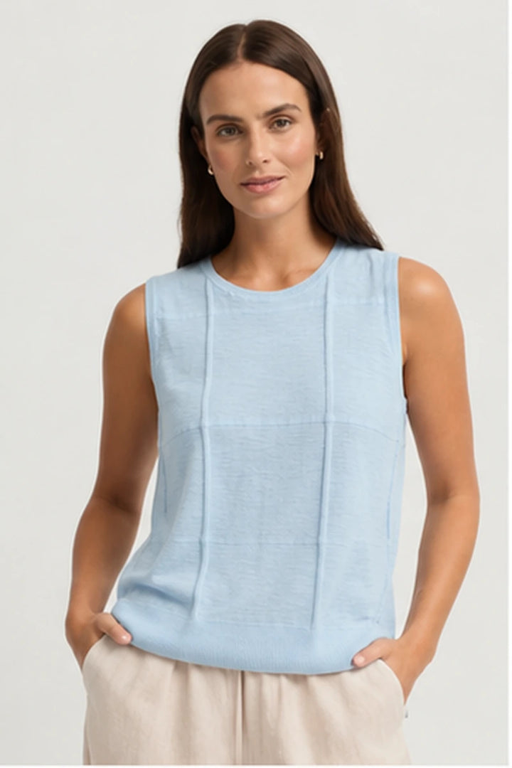 Yarra Trail Obscurity Knit YTWN7788 in Mist blue, sleeveless cotton linen knit with round neckline and raised knit seam detail.
