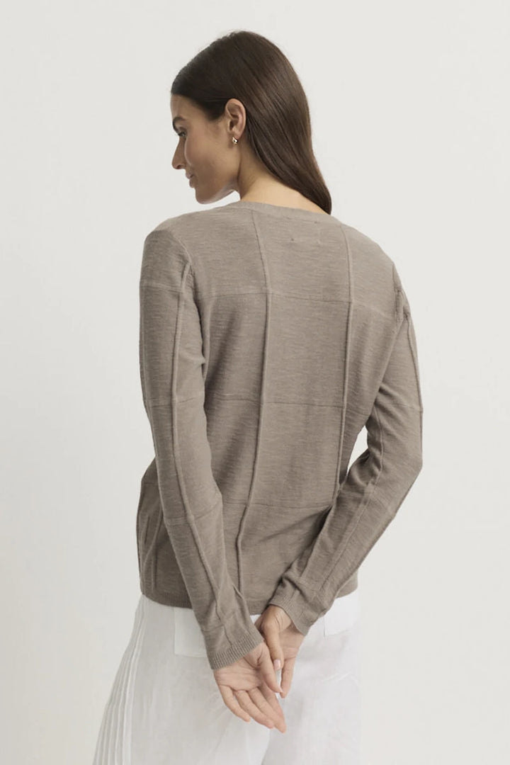 Yarra Trail Obscurity Knit Cardi YTWN7789 in Earth, back view showing long sleeves and raised seam construction