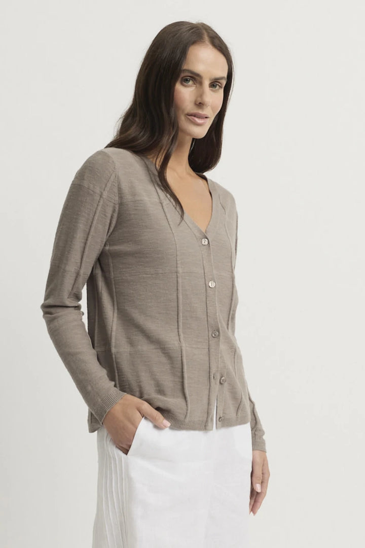Close-up of Yarra Trail Obscurity Knit Cardi YTWN7789 in Earth showing tonal buttons and decorative raised knit seam detail.