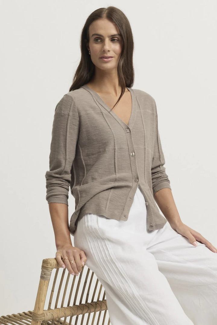 Yarra Trail Obscurity Knit Cardi YTWN7789 in Earth, front view showing V-neck button front and long sleeves.