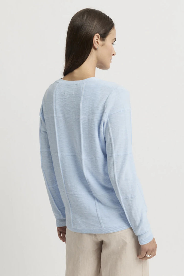 Yarra Trail Obscurity Knit Cardi YTWN7789 in Mist, back view showing long sleeves and raised knit seam construction.
