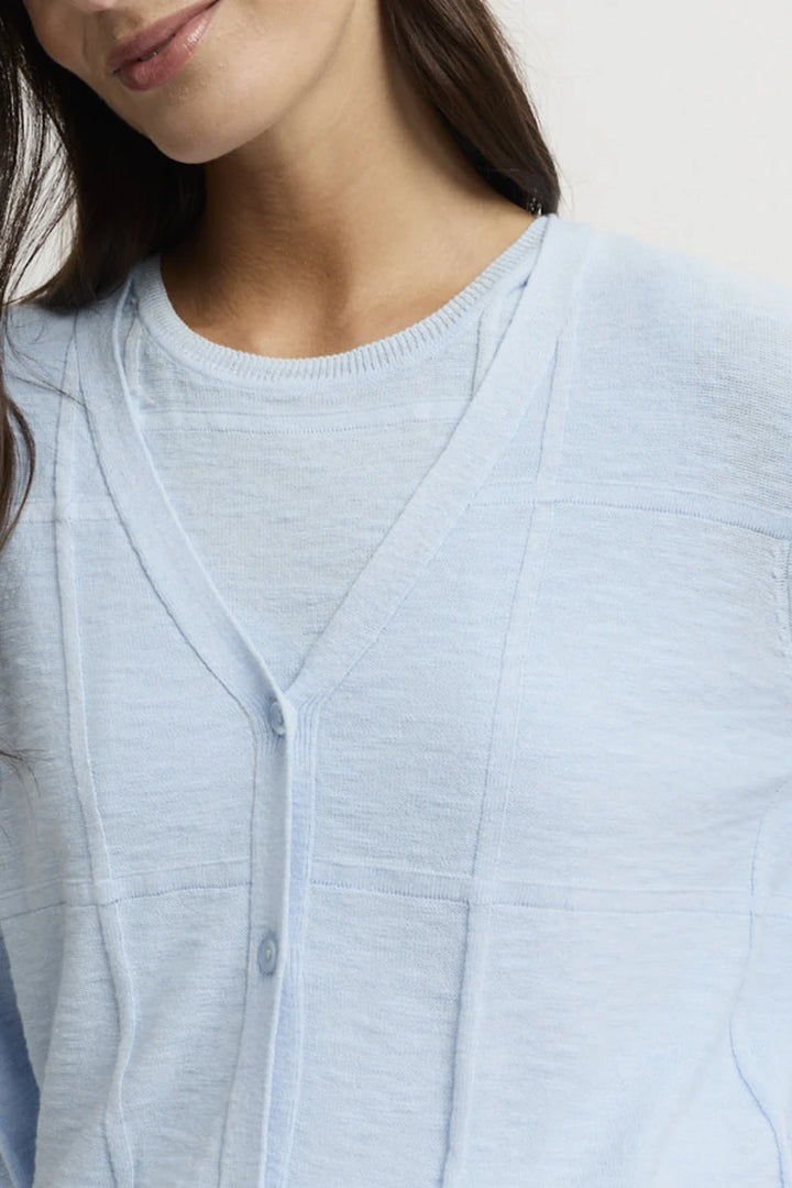 Close-up of Yarra Trail Obscurity Knit Cardi YTWN7789 in Mist showing V-neck, buttons and decorative raised knit seams.