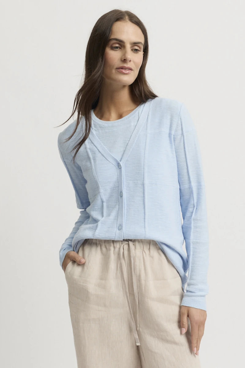 Yarra Trail Obscurity Knit Cardi YTWN7789 in Mist, front view showing V-neck button front and raised knit seam detail.