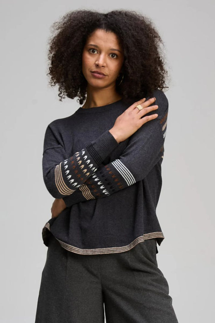 Woman wearing Textured Swing Jumper in Charcoal by Zaket & Plover front