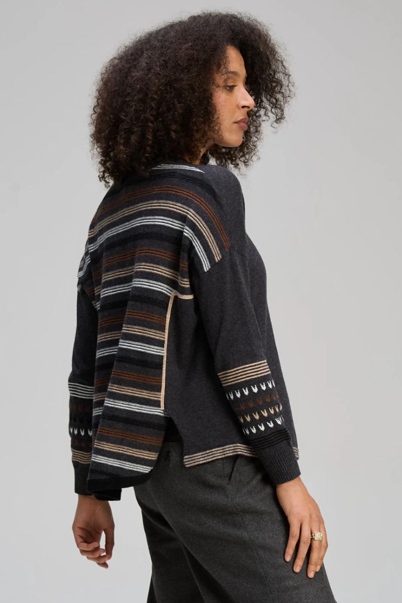 Woman wearing Textured Swing Jumper in Charcoal by Zaket & Plover side